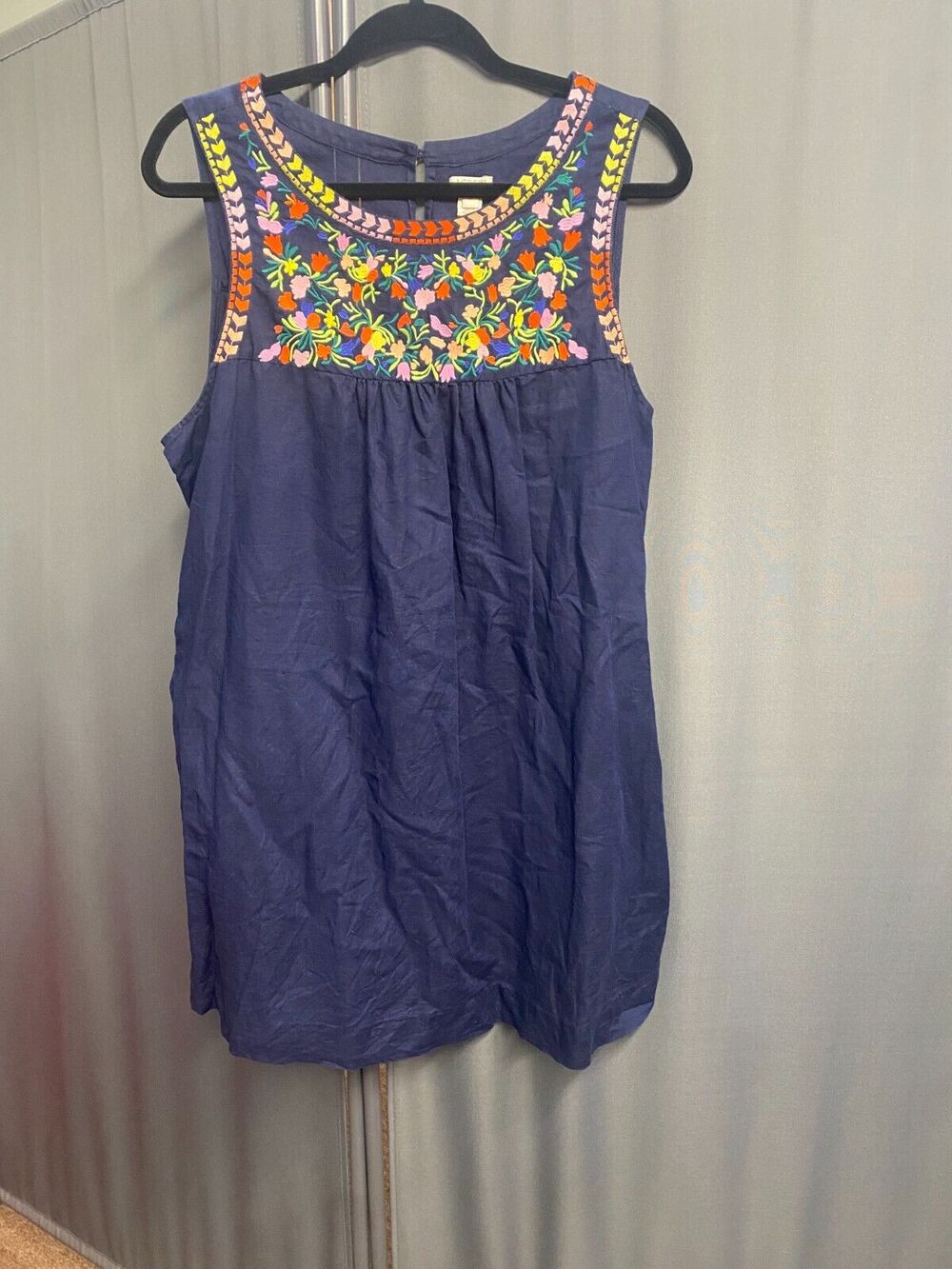 J. Crew Mini Dress Womens 14 Blue Embroidered Sleeveless Scoop Neck Pockets B76